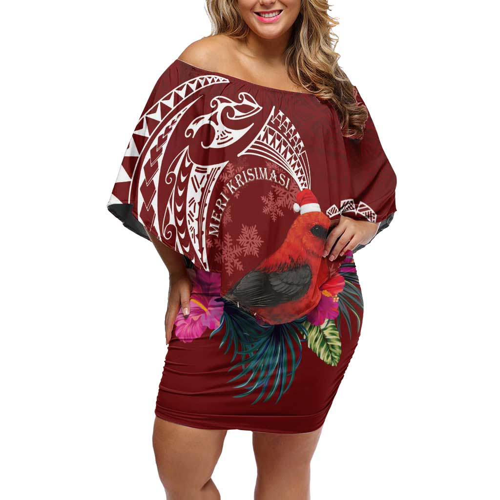 Personalized Samoa Meri Krisimasi Off Shoulder Short Dress Segasegamau'u Mix Siapo LT7 Women Red - Polynesian Pride