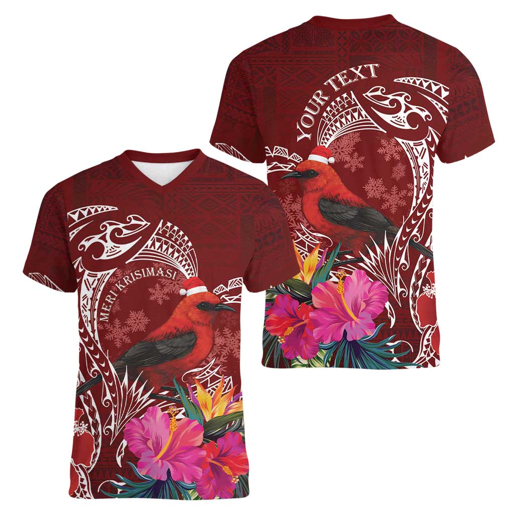 Personalized Samoa Meri Krisimasi Women V-Neck T-Shirt Segasegamau'u Mix Siapo LT7 - Polynesian Pride
