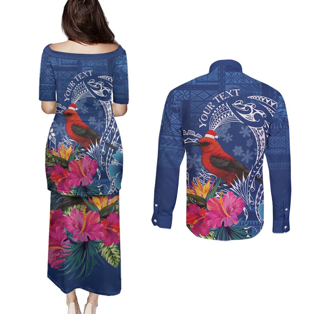 Personalized Samoa Christmas Couples Matching Puletasi and Long Sleeve Button Shirt Cardinal Honeyeater Mix Siapo