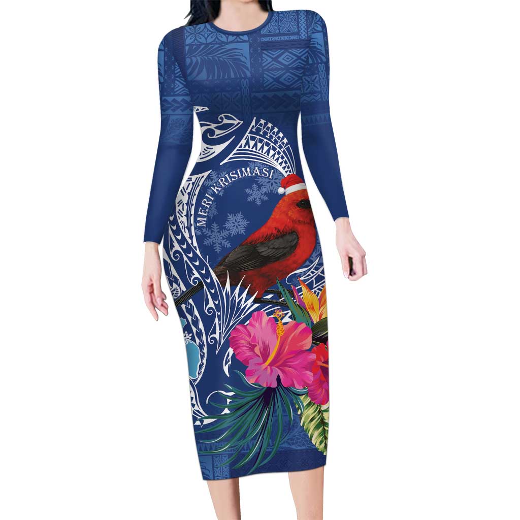 Personalized Samoa Christmas Long Sleeve Bodycon Dress Cardinal Honeyeater Mix Siapo