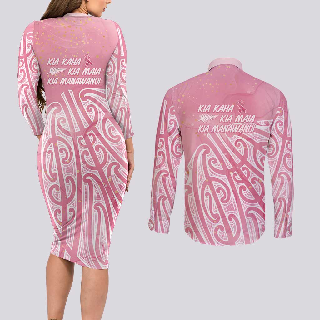 Breast Cancer Awareness Maori Couples Matching Long Sleeve Bodycon Dress and Long Sleeve Button Shirt Kia Kaha Kia Maia Kia Manawanui - Polynesian Pride