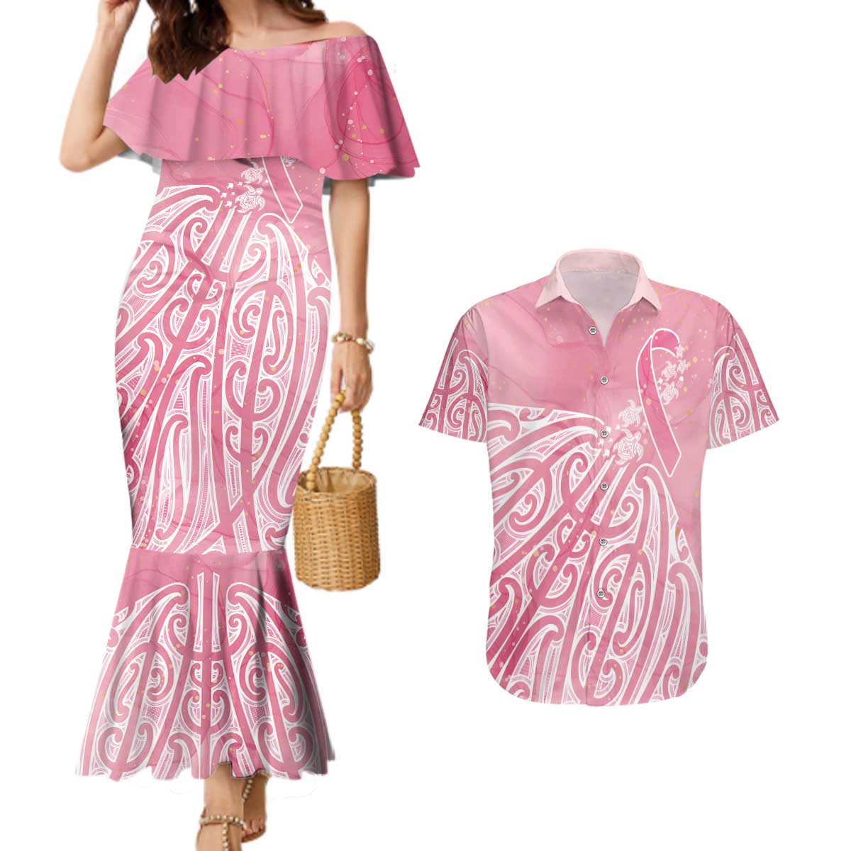 Breast Cancer Awareness Maori Couples Matching Mermaid Dress and Hawaiian Shirt Kia Kaha Kia Maia Kia Manawanui - Polynesian Pride