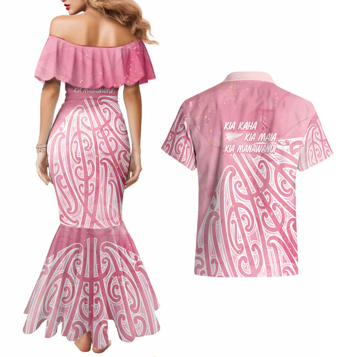 Breast Cancer Awareness Maori Couples Matching Mermaid Dress and Hawaiian Shirt Kia Kaha Kia Maia Kia Manawanui - Polynesian Pride