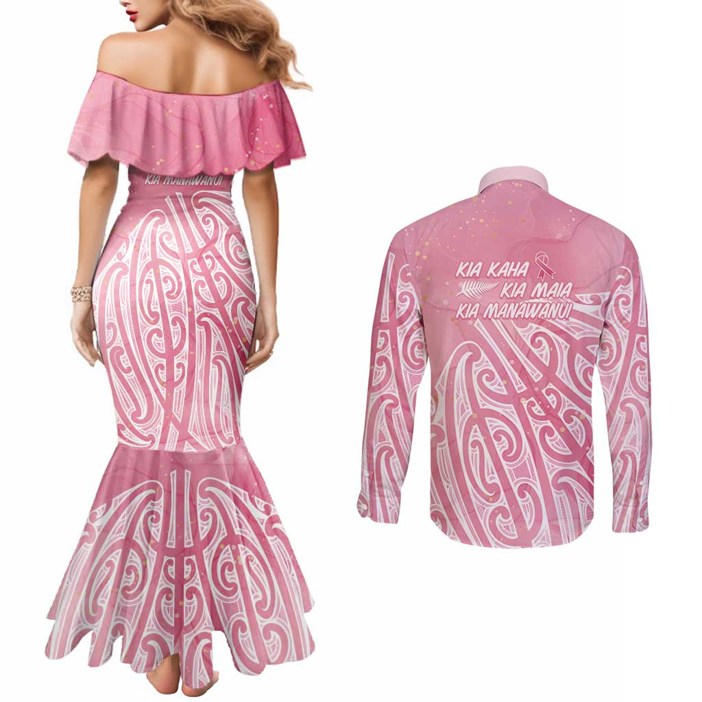 Breast Cancer Awareness Maori Couples Matching Mermaid Dress and Long Sleeve Button Shirt Kia Kaha Kia Maia Kia Manawanui - Polynesian Pride
