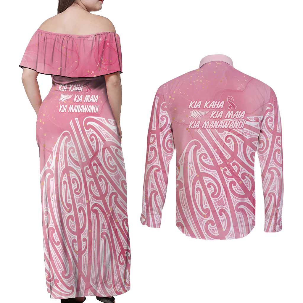 Breast Cancer Awareness Maori Couples Matching Off Shoulder Maxi Dress and Long Sleeve Button Shirt Kia Kaha Kia Maia Kia Manawanui - Polynesian Pride