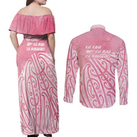 Breast Cancer Awareness Maori Couples Matching Off Shoulder Maxi Dress and Long Sleeve Button Shirt Kia Kaha Kia Maia Kia Manawanui - Polynesian Pride
