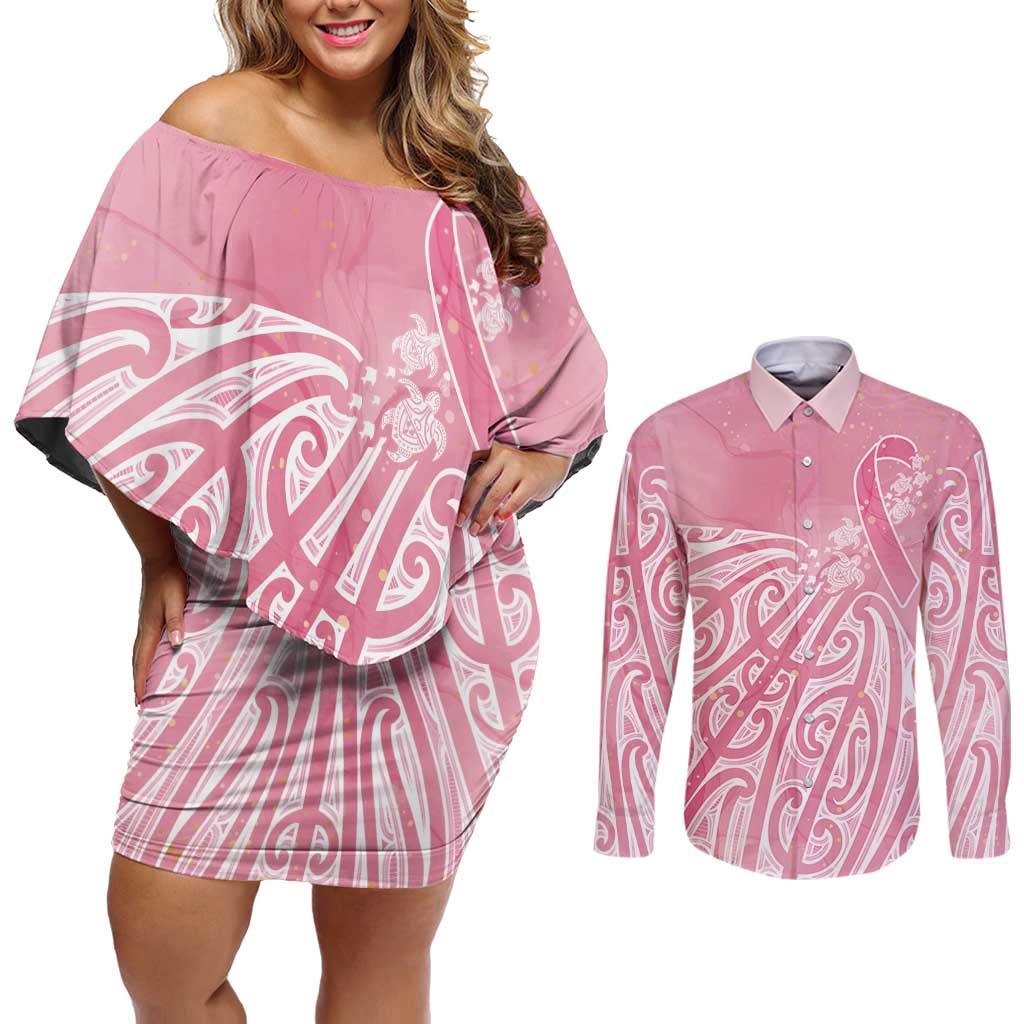 Breast Cancer Awareness Maori Couples Matching Off Shoulder Short Dress and Long Sleeve Button Shirt Kia Kaha Kia Maia Kia Manawanui - Polynesian Pride
