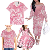 Breast Cancer Awareness Maori Family Matching Off The Shoulder Long Sleeve Dress and Hawaiian Shirt Kia Kaha Kia Maia Kia Manawanui - Polynesian Pride