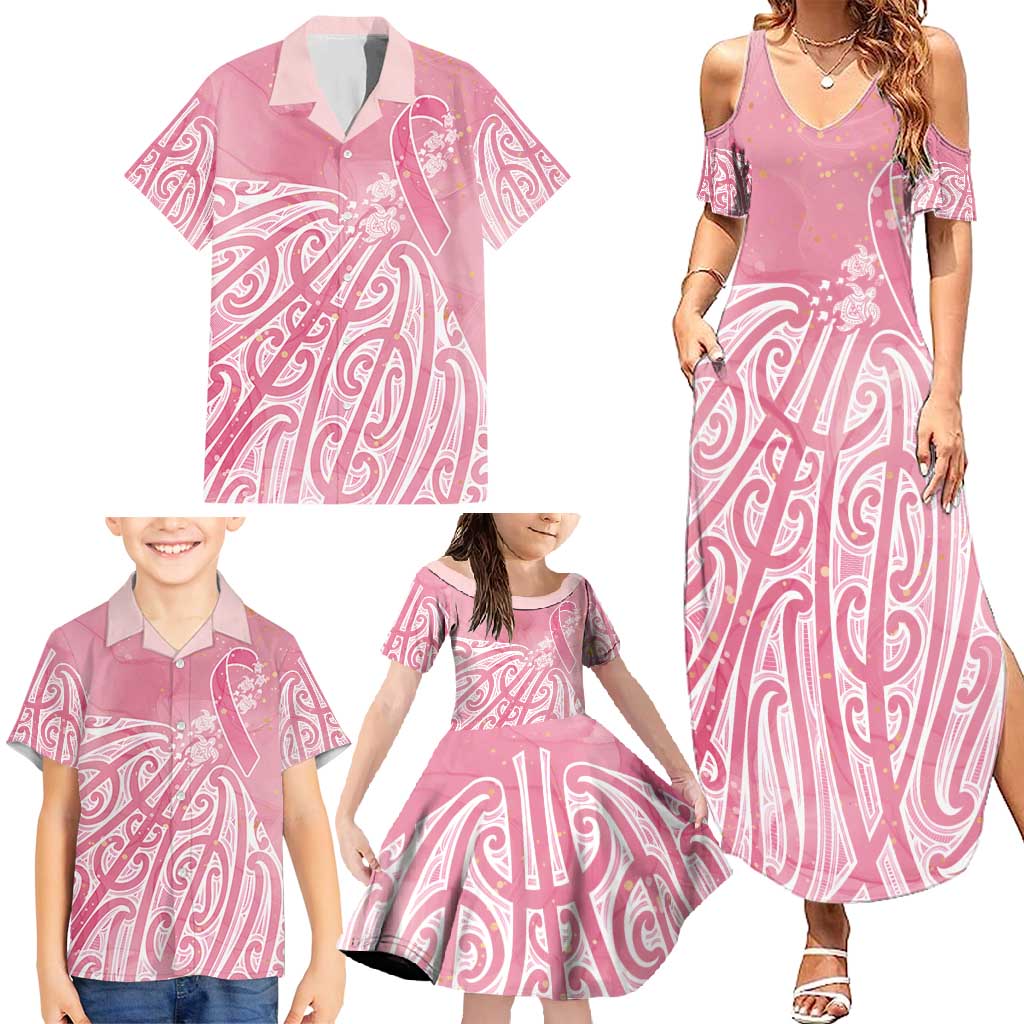 Breast Cancer Awareness Maori Family Matching Summer Maxi Dress and Hawaiian Shirt Kia Kaha Kia Maia Kia Manawanui - Polynesian Pride