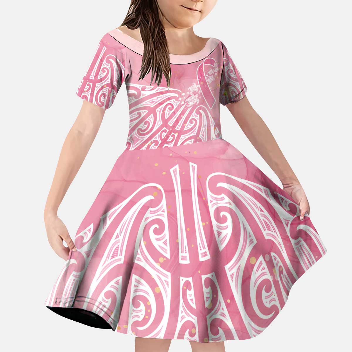 Breast Cancer Awareness Maori Kid Short Sleeve Dress Kia Kaha Kia Maia Kia Manawanui - Polynesian Pride