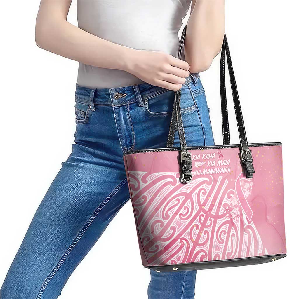 Breast Cancer Awareness Maori Leather Tote Bag Kia Kaha Kia Maia Kia Manawanui - Polynesian Pride