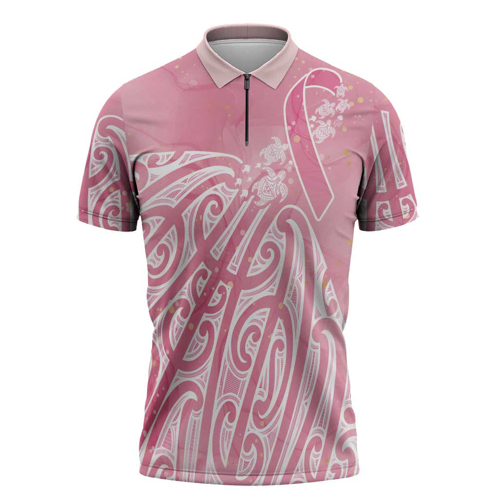 Breast Cancer Awareness Maori Zipper Polo Shirt Kia Kaha Kia Maia Kia Manawanui - Polynesian Pride