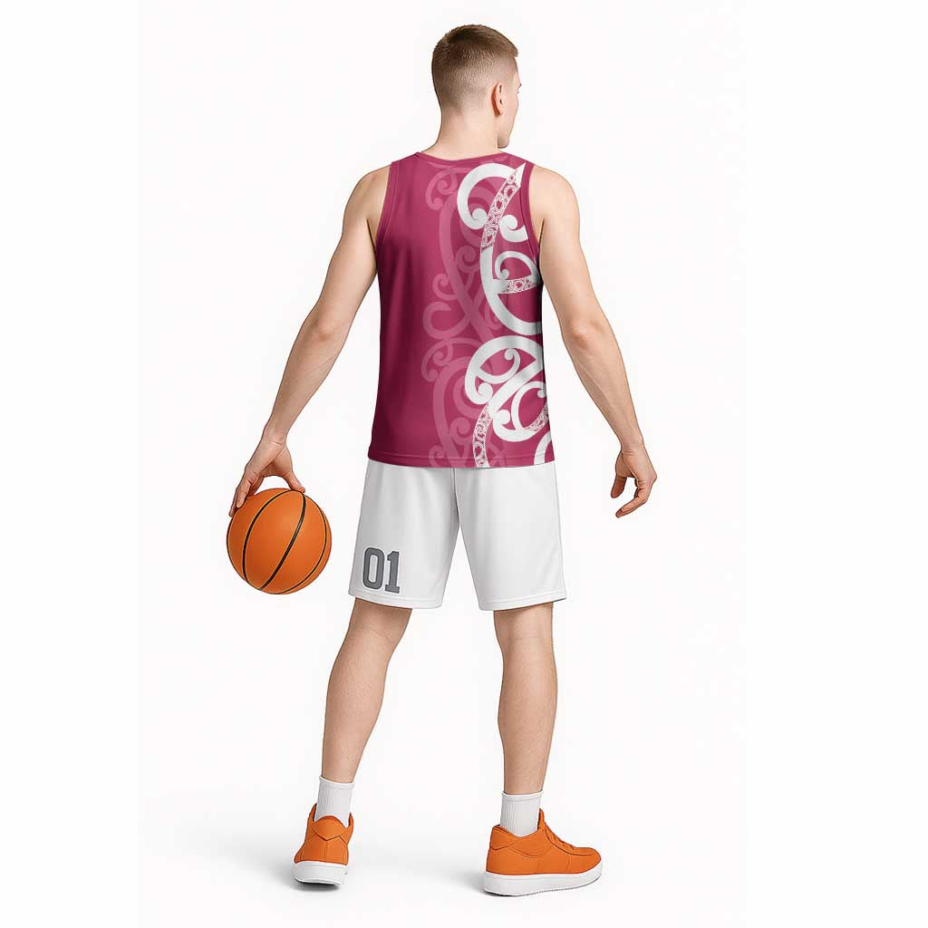 Breast Cancer Awareness Maori Basketball Jersey Koru Kowhaiwhai - Polynesian Pride