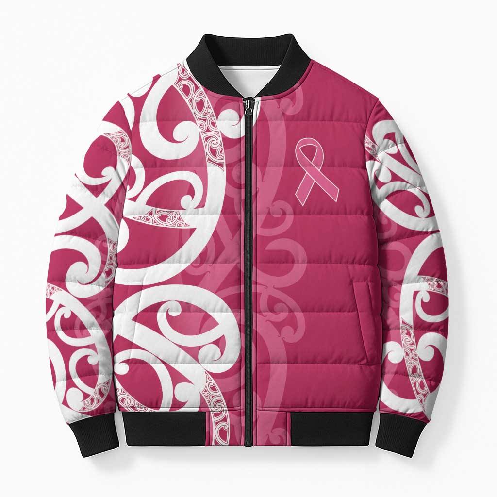 Breast Cancer Awareness Maori Bomber Puffer Jacket Koru Kowhaiwhai - Polynesian Pride