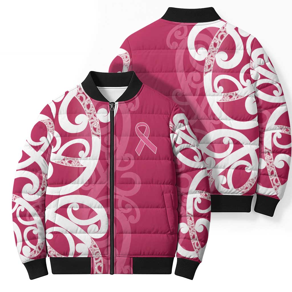 Breast Cancer Awareness Maori Bomber Puffer Jacket Koru Kowhaiwhai - Polynesian Pride