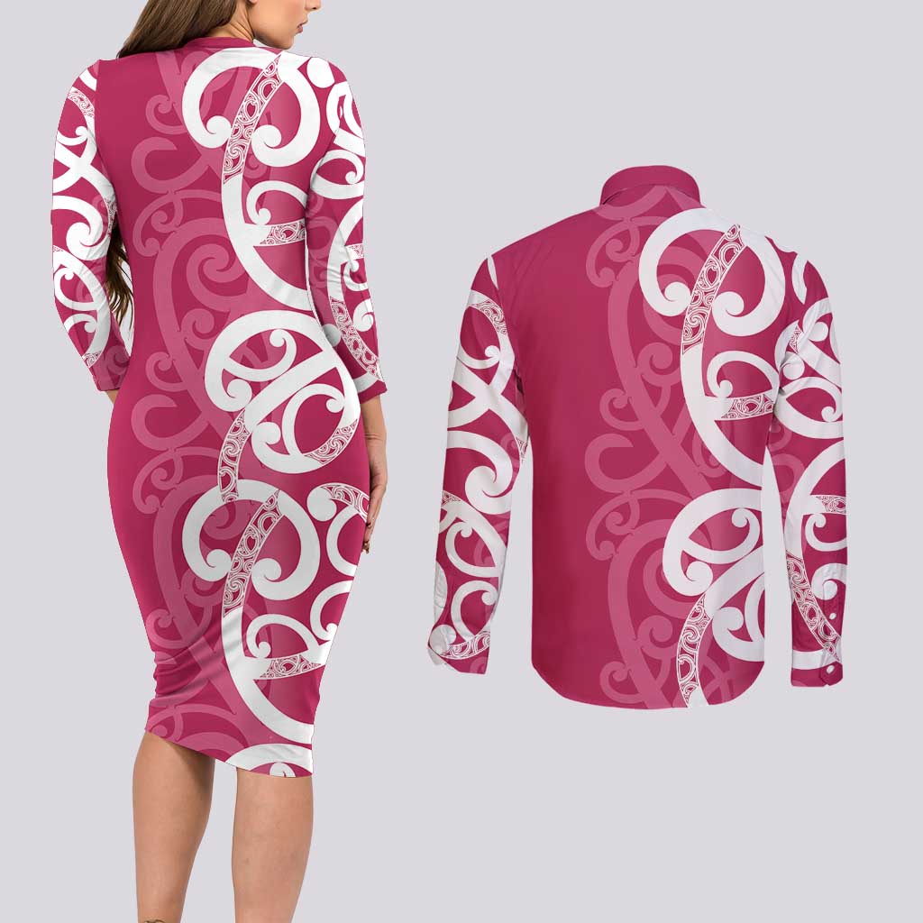 Breast Cancer Awareness Maori Couples Matching Long Sleeve Bodycon Dress and Long Sleeve Button Shirt Koru Kowhaiwhai - Polynesian Pride
