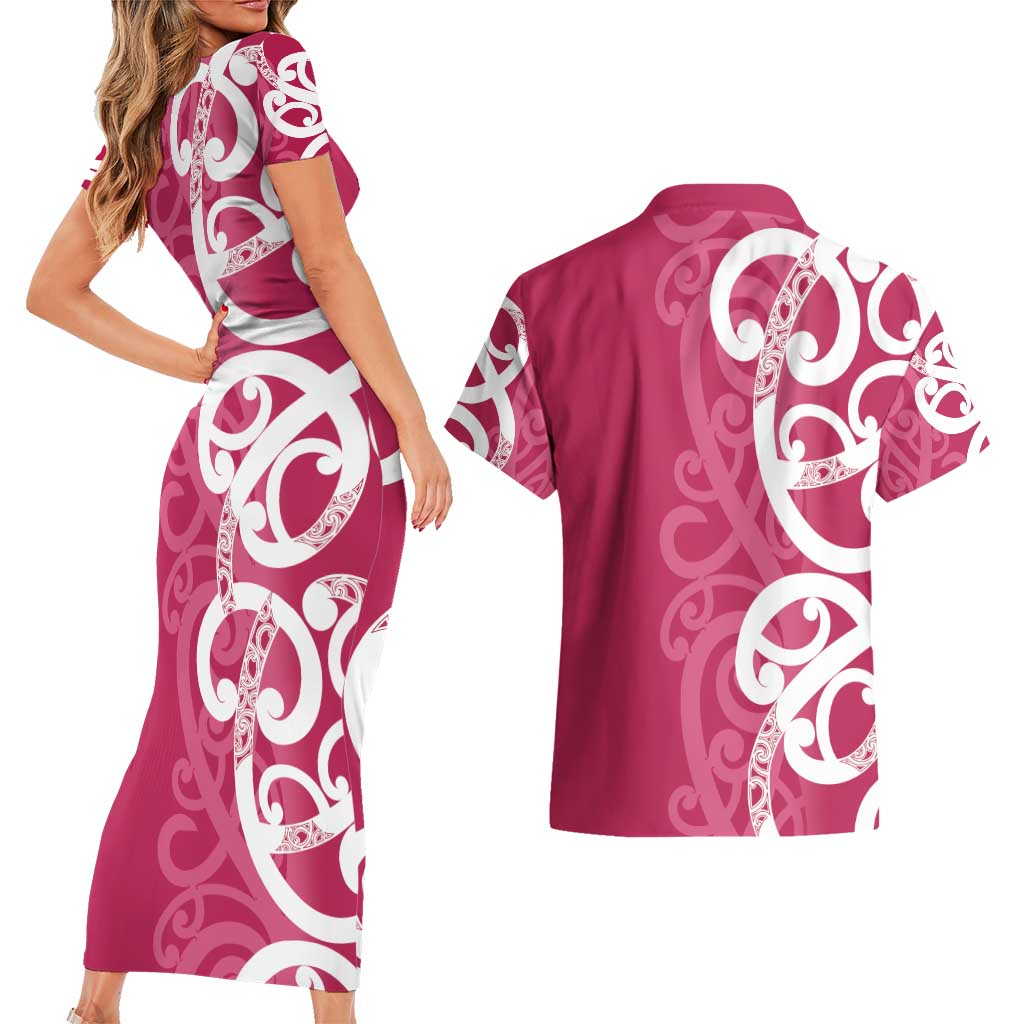 Breast Cancer Awareness Maori Couples Matching Short Sleeve Bodycon Dress and Hawaiian Shirt Koru Kowhaiwhai - Polynesian Pride