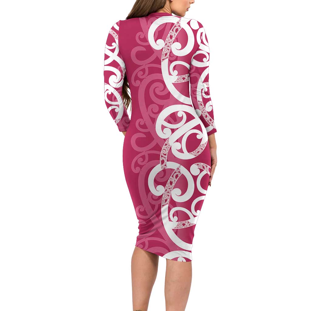 Breast Cancer Awareness Maori Family Matching Long Sleeve Bodycon Dress and Hawaiian Shirt Koru Kowhaiwhai - Polynesian Pride