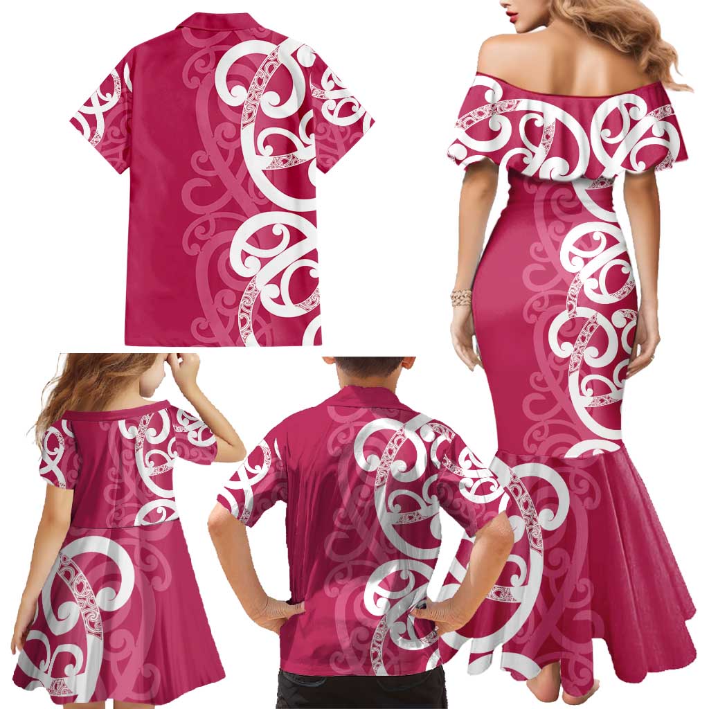 Breast Cancer Awareness Maori Family Matching Mermaid Dress and Hawaiian Shirt Koru Kowhaiwhai - Polynesian Pride