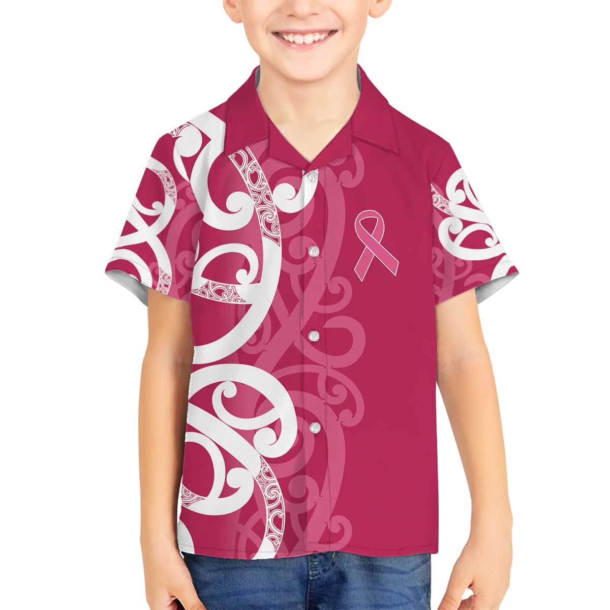 Breast Cancer Awareness Maori Family Matching Off The Shoulder Long Sleeve Dress and Hawaiian Shirt Koru Kowhaiwhai - Polynesian Pride