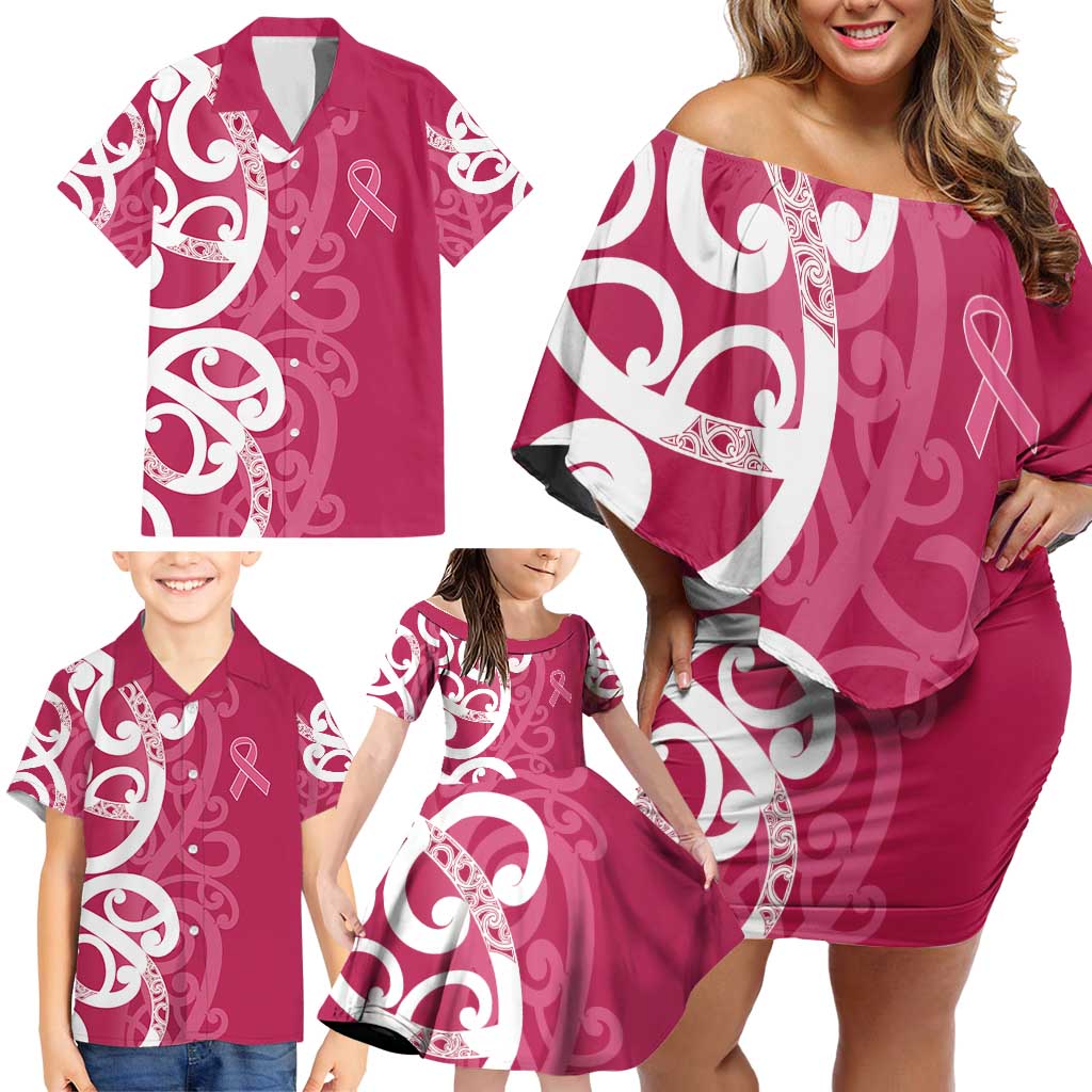 Breast Cancer Awareness Maori Family Matching Off Shoulder Short Dress and Hawaiian Shirt Koru Kowhaiwhai - Polynesian Pride