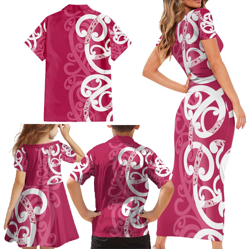 Breast Cancer Awareness Maori Family Matching Short Sleeve Bodycon Dress and Hawaiian Shirt Koru Kowhaiwhai - Polynesian Pride