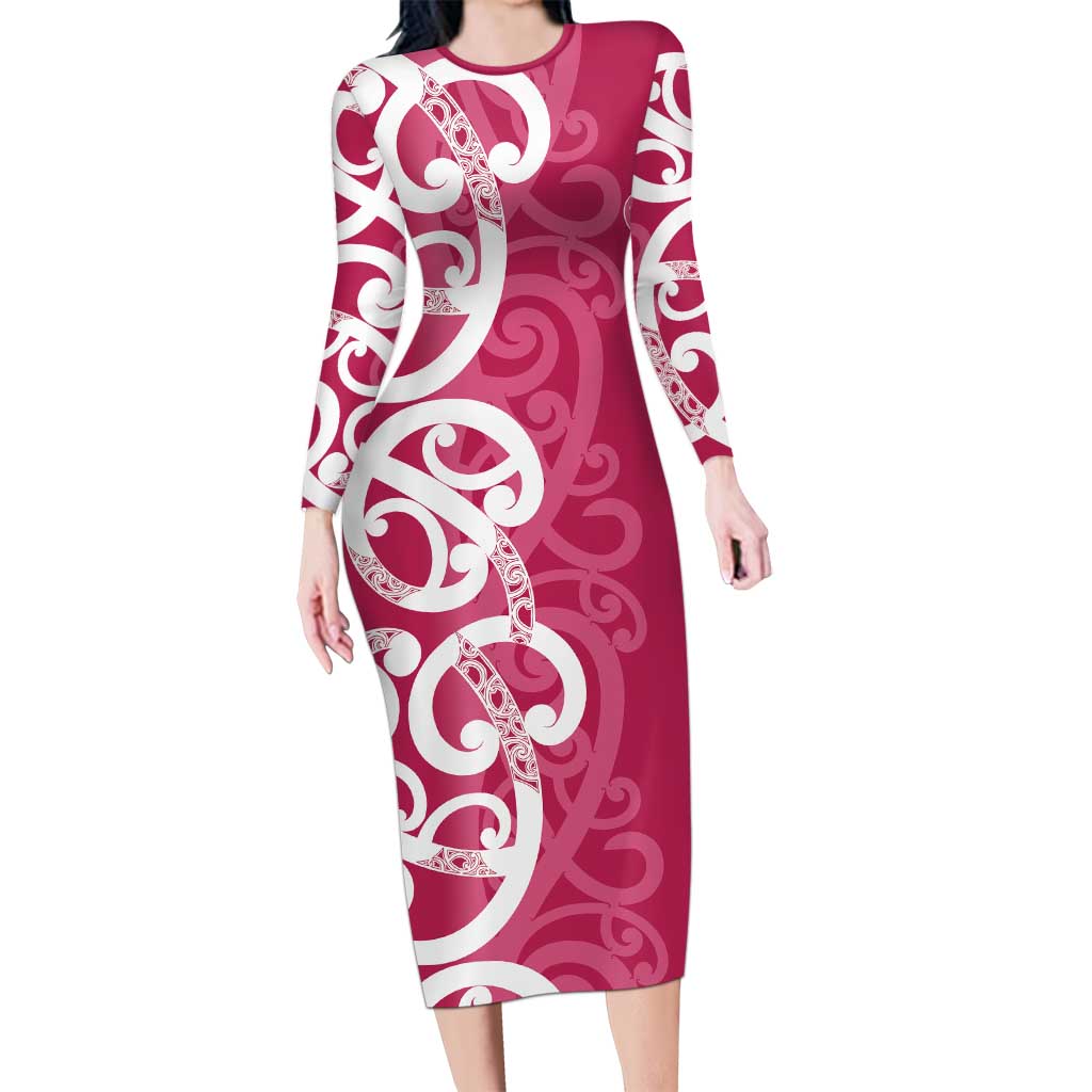 Breast Cancer Awareness Maori Long Sleeve Bodycon Dress Koru Kowhaiwhai - Polynesian Pride