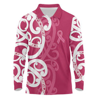 Breast Cancer Awareness Maori Long Sleeve Polo Shirt Koru Kowhaiwhai - Polynesian Pride