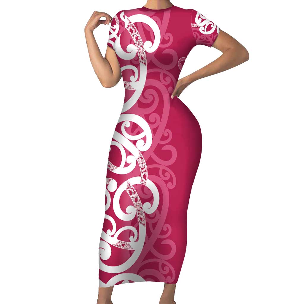 Breast Cancer Awareness Maori Short Sleeve Bodycon Dress Koru Kowhaiwhai - Polynesian Pride