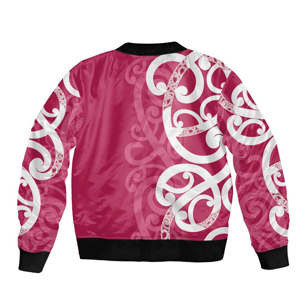 Breast Cancer Awareness Maori Sleeve Zip Bomber Jacket Koru Kowhaiwhai - Polynesian Pride