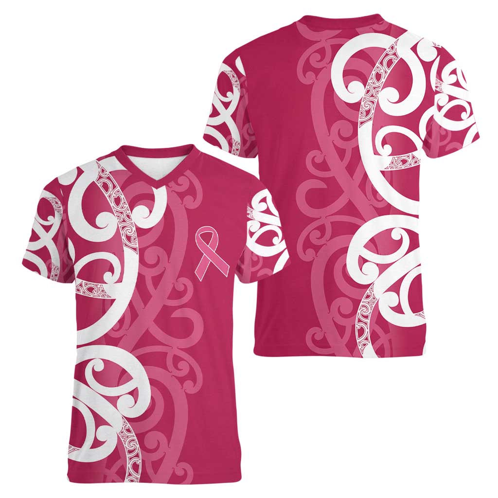 Breast Cancer Awareness Maori Women V-Neck T-Shirt Koru Kowhaiwhai - Polynesian Pride