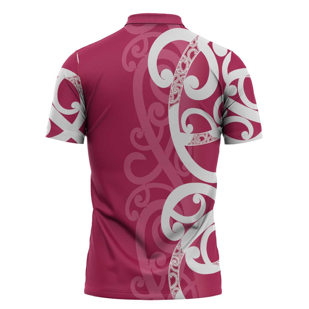 Breast Cancer Awareness Maori Zipper Polo Shirt Koru Kowhaiwhai - Polynesian Pride