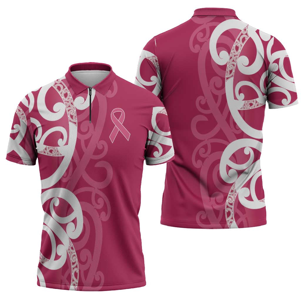 Breast Cancer Awareness Maori Zipper Polo Shirt Koru Kowhaiwhai - Polynesian Pride