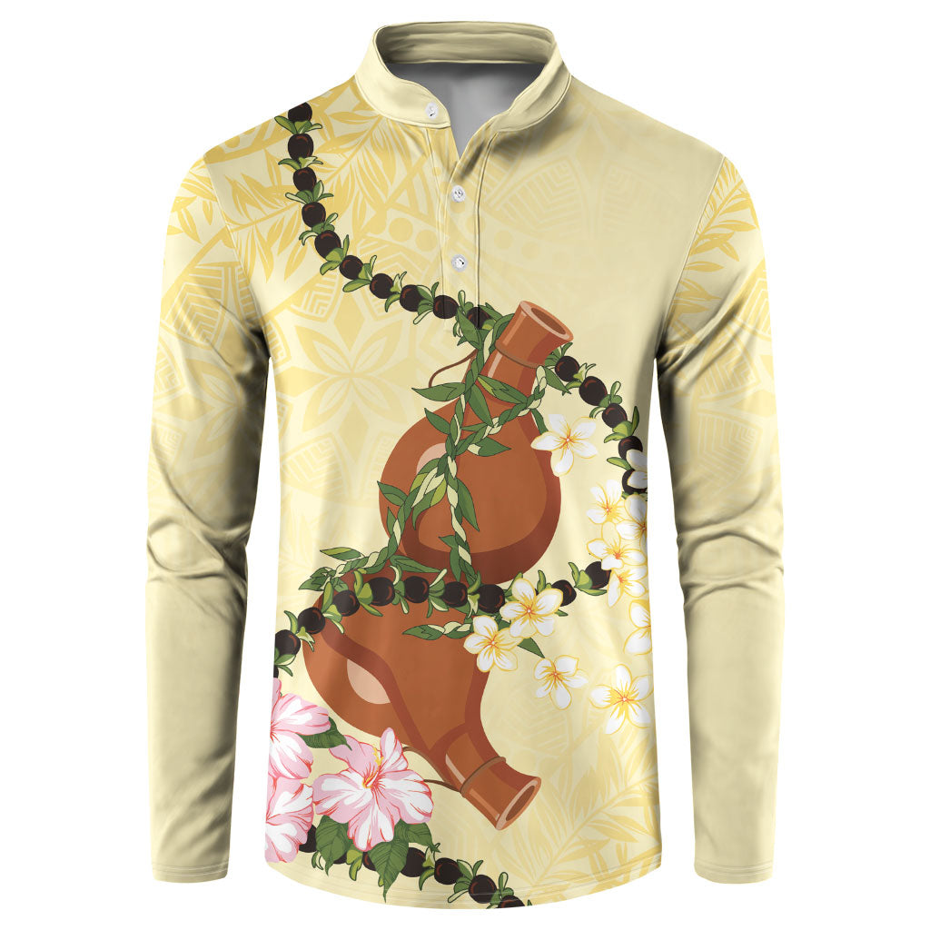Aloha Hawaii Ipu Gourd Mix Kukui Nut Lei Button Sweatshirt Lemon Yellow LT7 Lemon Yellow - Polynesian Pride