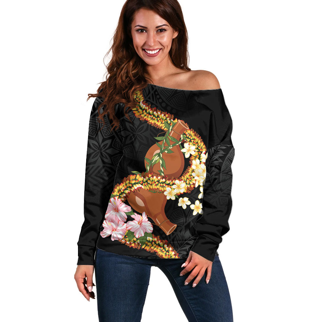 Aloha Hawaii Ipu Gourd Mix ʻĀkulikuli Lei Off Shoulder Sweater Obsidian Black