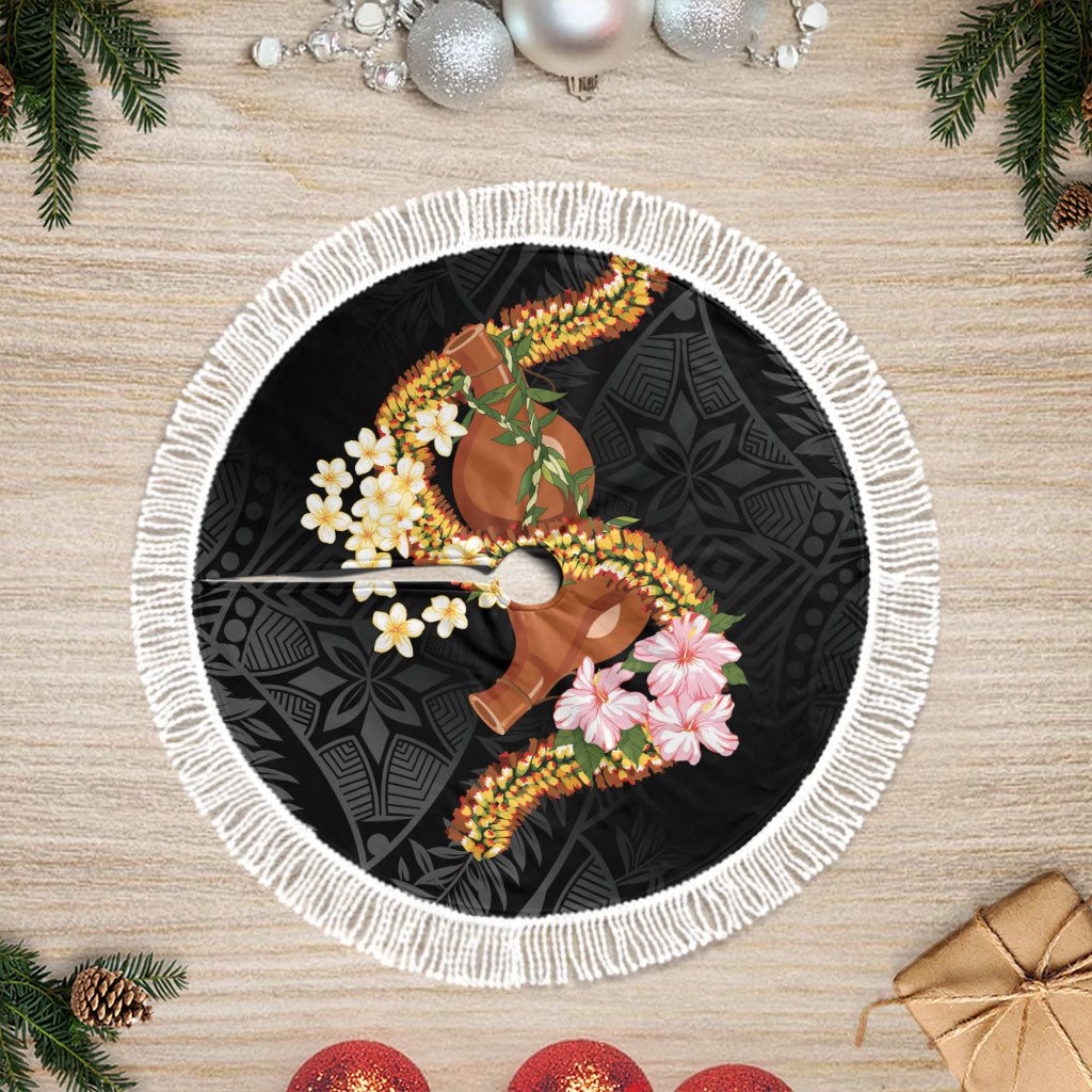 Aloha Hawaii Ipu Gourd Mix ʻĀkulikuli Lei Tree Skirt Obsidian Black LT7 Fringed Obsidian Black - Polynesian Pride