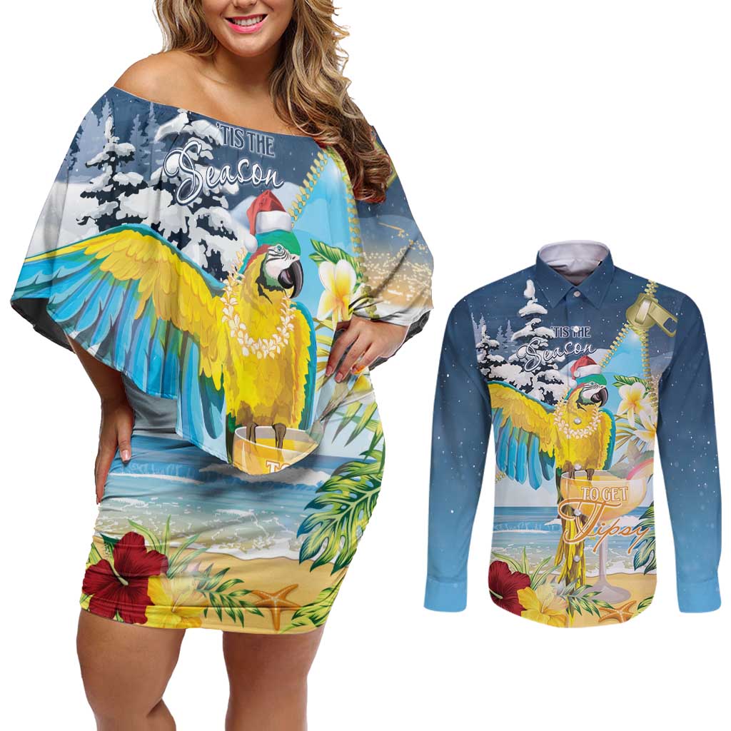 Funny Tropical Christmas Couples Matching Off Shoulder Short Dress and Long Sleeve Button Shirt Tis The Season To Get Tipsy LT7 Colorful - Polynesian Pride