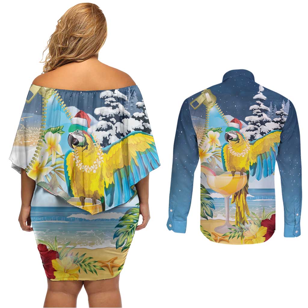 Funny Tropical Christmas Couples Matching Off Shoulder Short Dress and Long Sleeve Button Shirt Tis The Season To Get Tipsy LT7 - Polynesian Pride