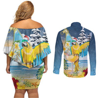 Funny Tropical Christmas Couples Matching Off Shoulder Short Dress and Long Sleeve Button Shirt Tis The Season To Get Tipsy LT7 - Polynesian Pride