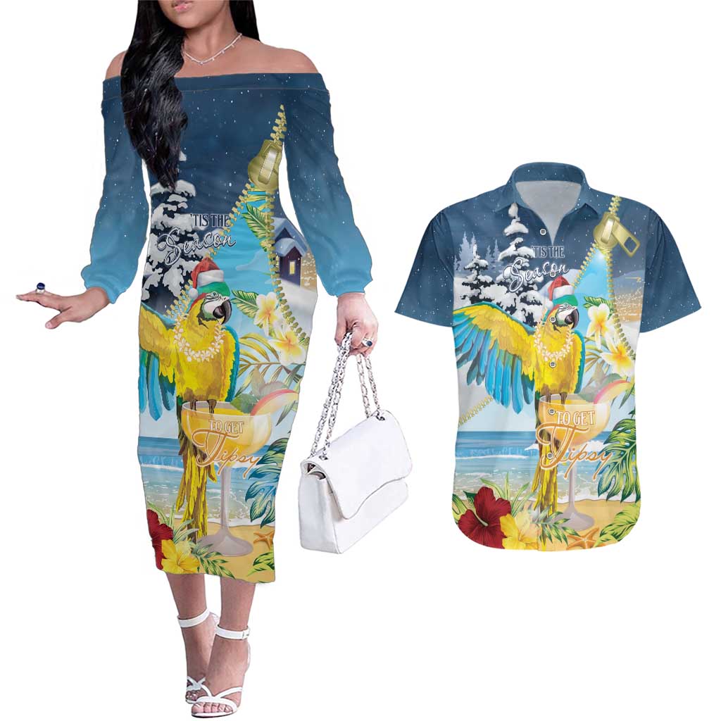 Funny Tropical Christmas Couples Matching Off The Shoulder Long Sleeve Dress and Hawaiian Shirt Tis The Season To Get Tipsy LT7 Colorful - Polynesian Pride
