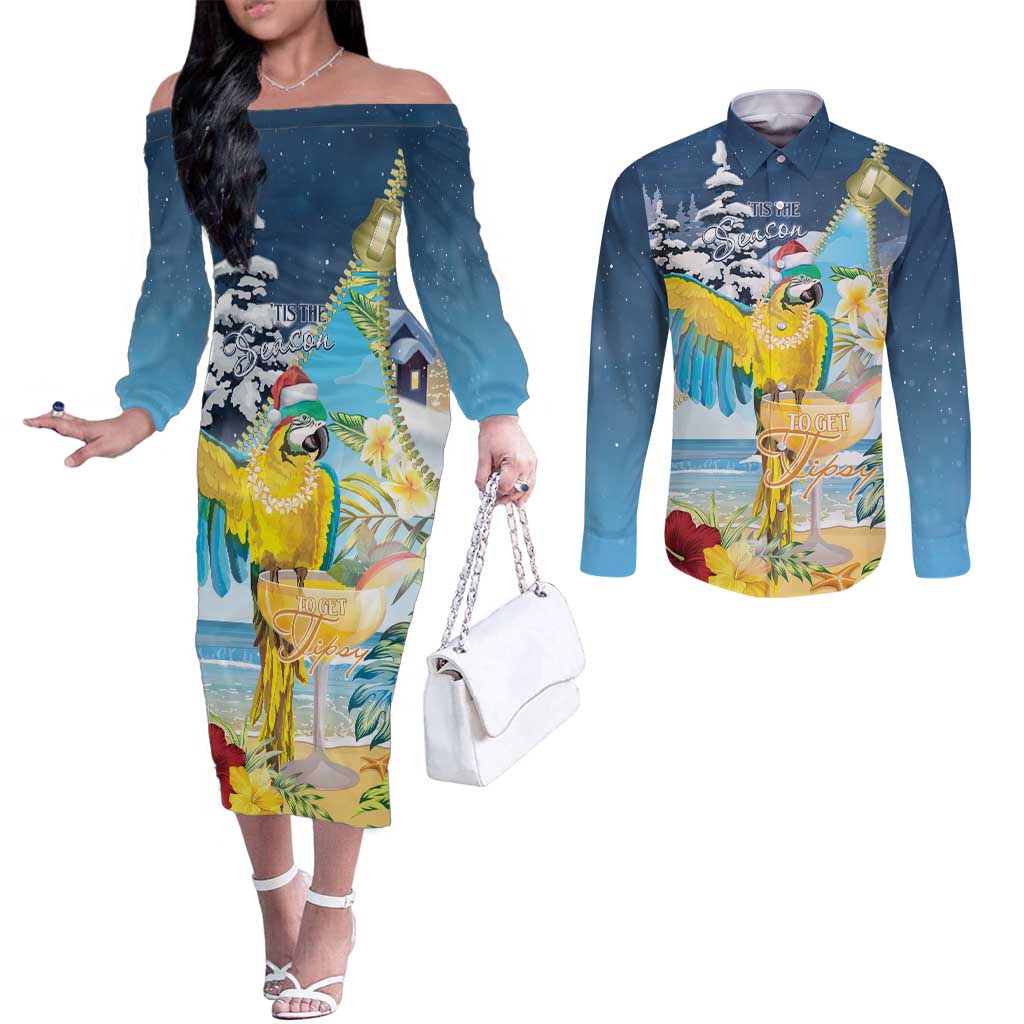 Funny Tropical Christmas Couples Matching Off The Shoulder Long Sleeve Dress and Long Sleeve Button Shirt Tis The Season To Get Tipsy LT7 Colorful - Polynesian Pride