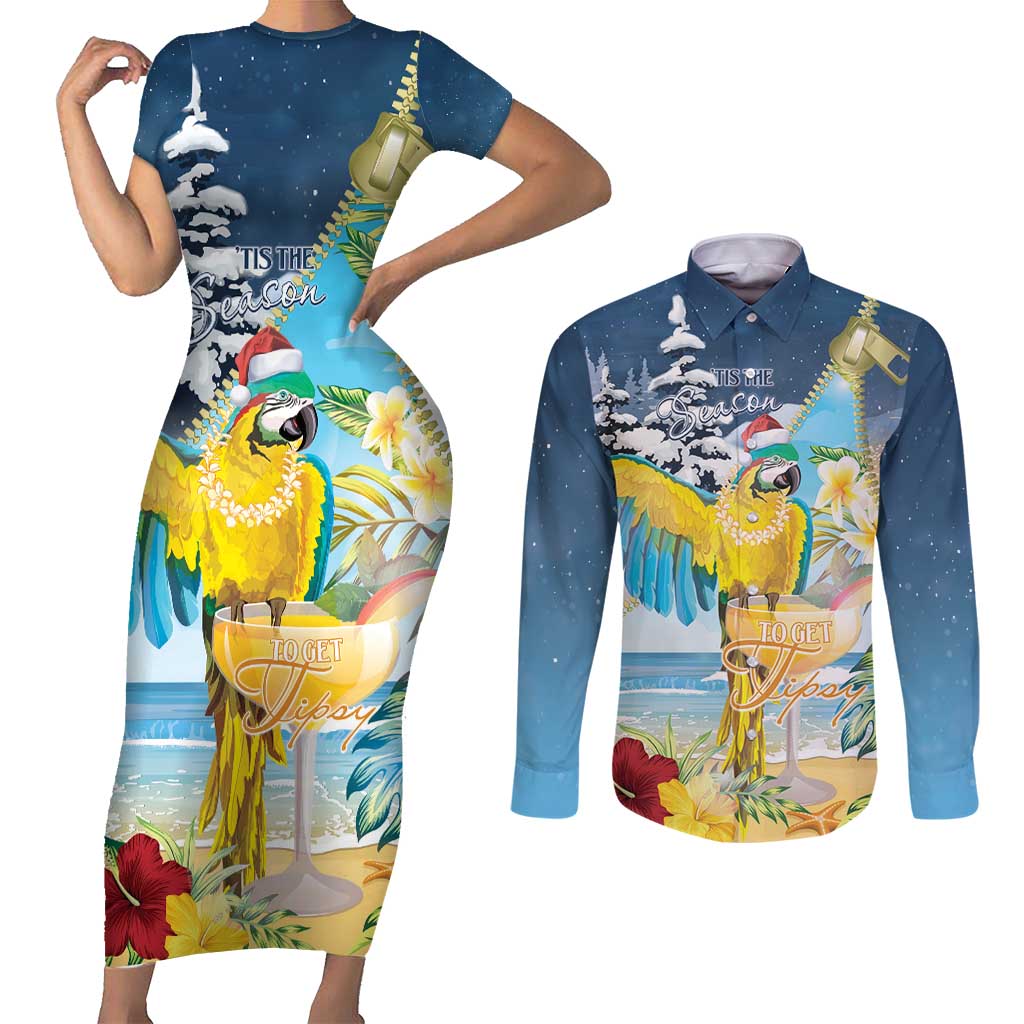 Funny Tropical Christmas Couples Matching Short Sleeve Bodycon Dress and Long Sleeve Button Shirt Tis The Season To Get Tipsy