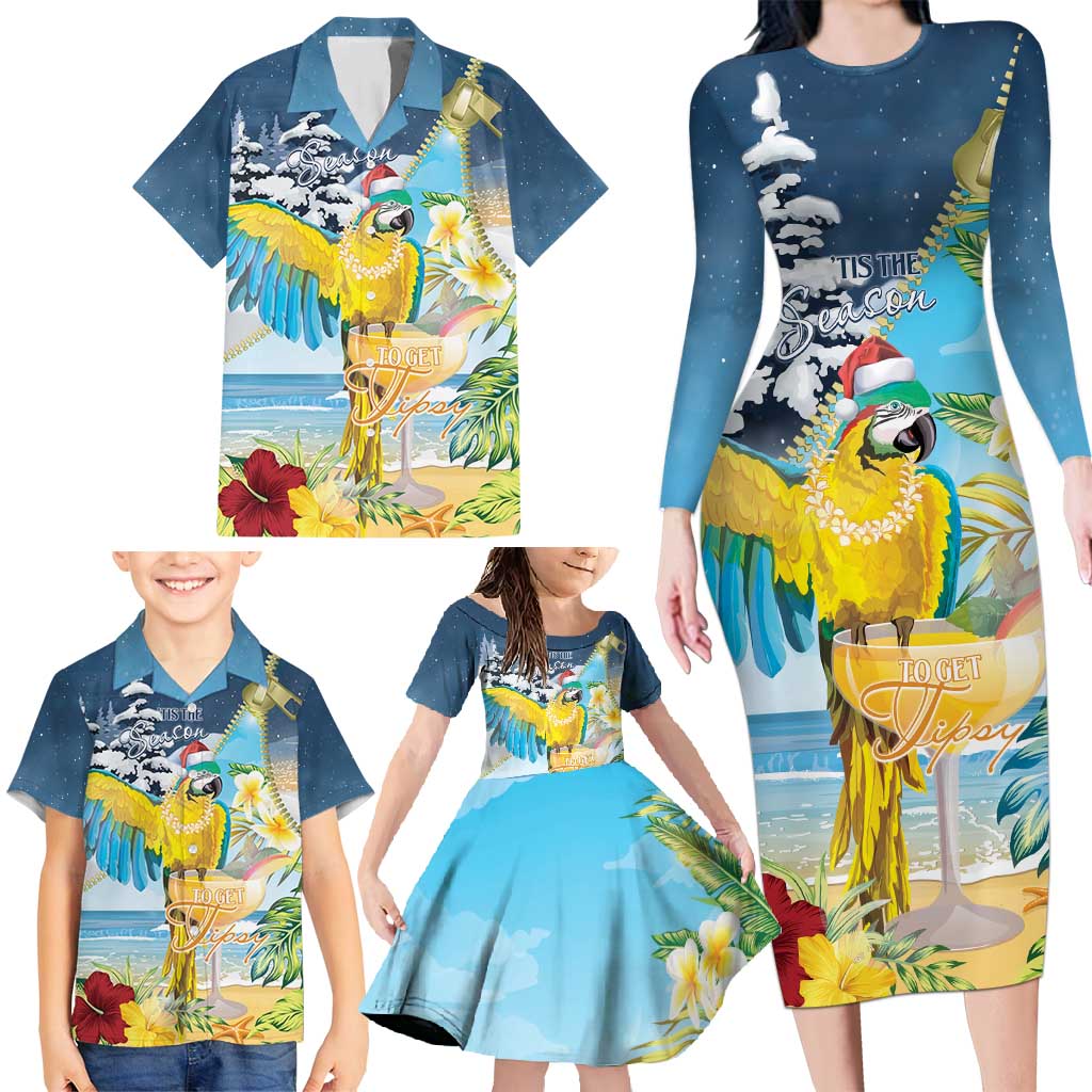 Funny Tropical Christmas Family Matching Long Sleeve Bodycon Dress and Hawaiian Shirt Tis The Season To Get Tipsy