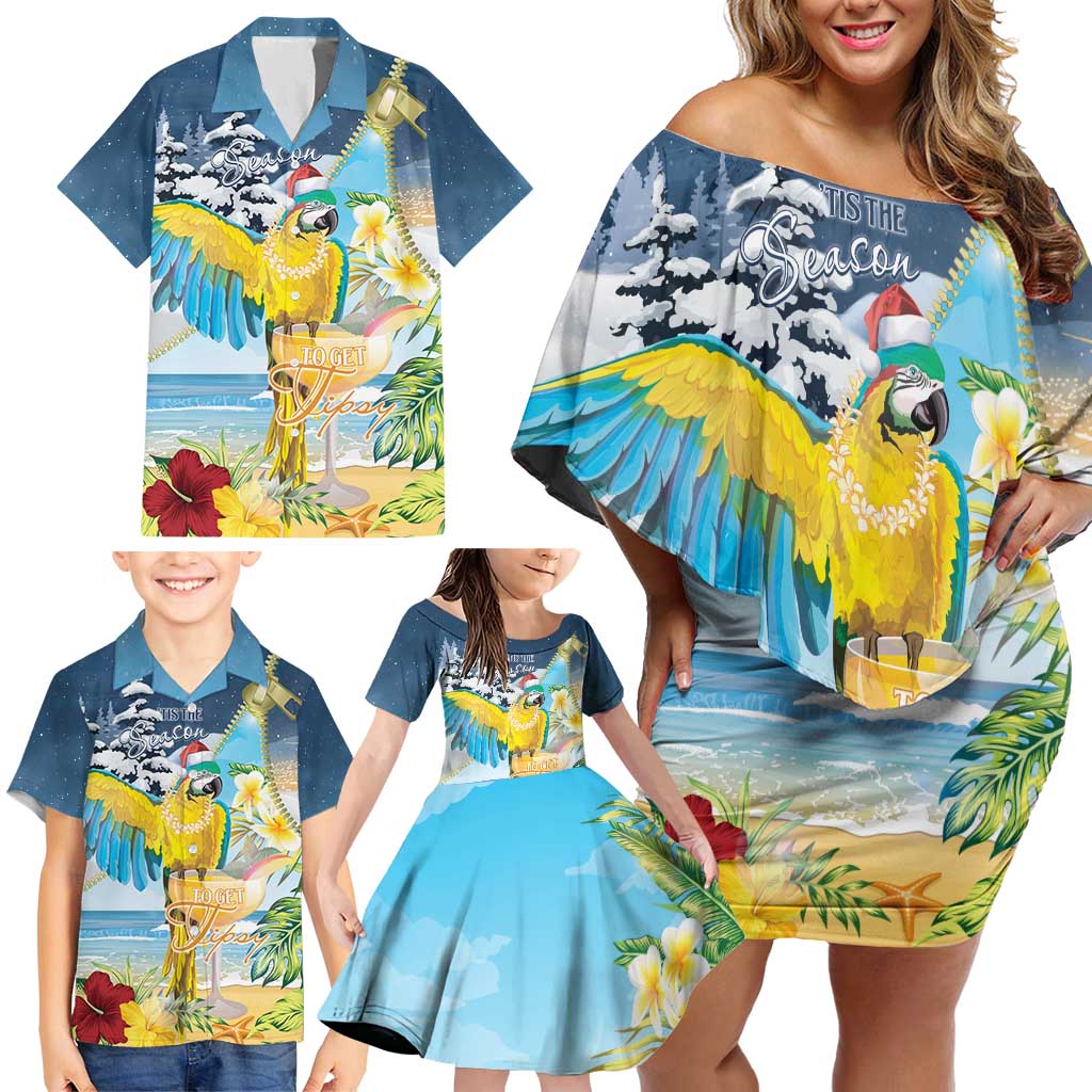 Funny Tropical Christmas Family Matching Off Shoulder Short Dress and Hawaiian Shirt Tis The Season To Get Tipsy