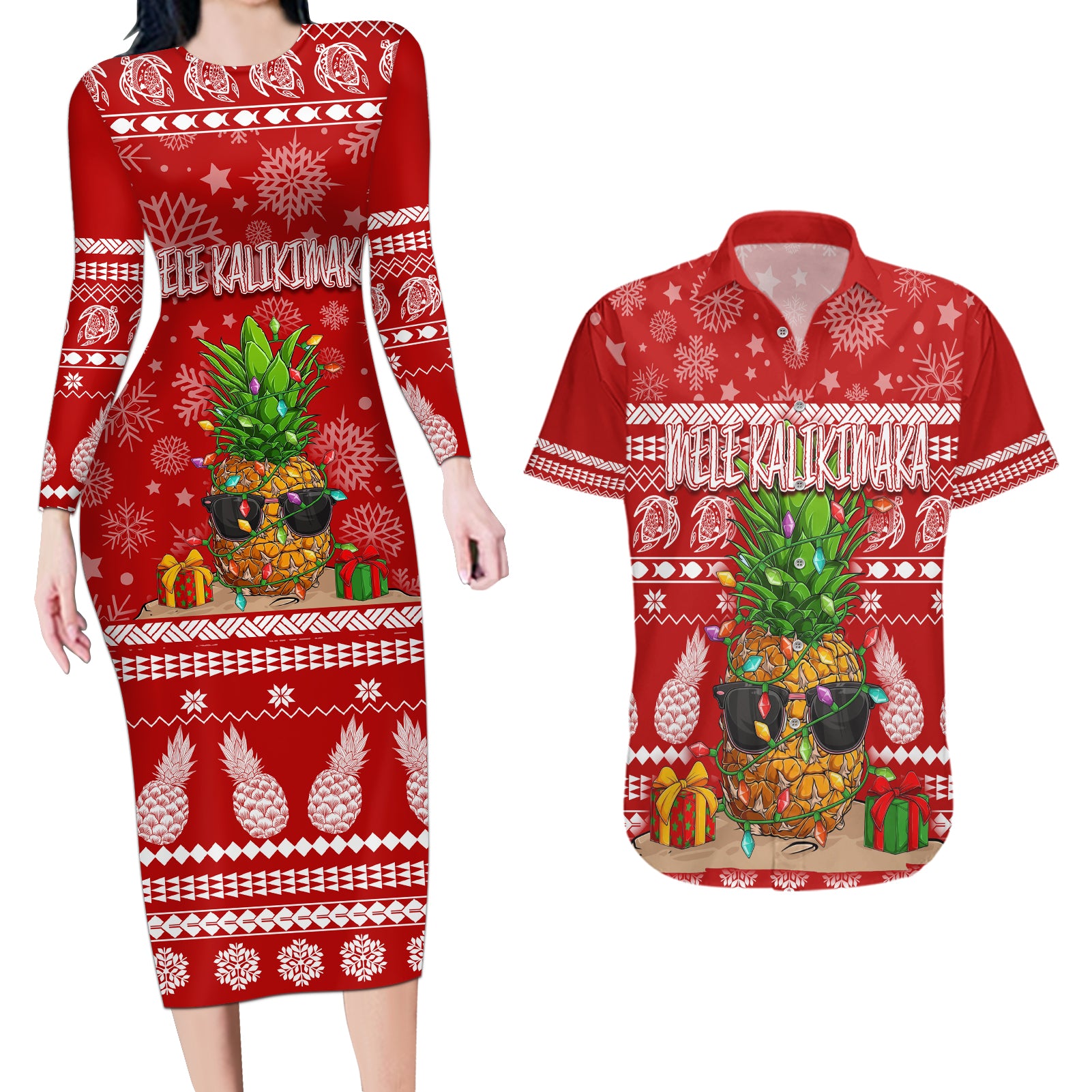 Hawaii Pineapple Christmas Couples Matching Long Sleeve Bodycon Dress and Hawaiian Shirt Mele Kalikimaka LT7 Red - Polynesian Pride