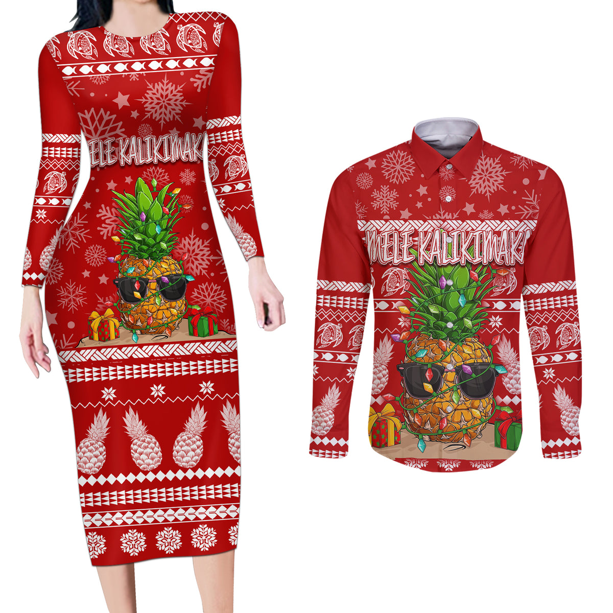 Hawaii Pineapple Christmas Couples Matching Long Sleeve Bodycon Dress and Long Sleeve Button Shirt Mele Kalikimaka LT7 Red - Polynesian Pride