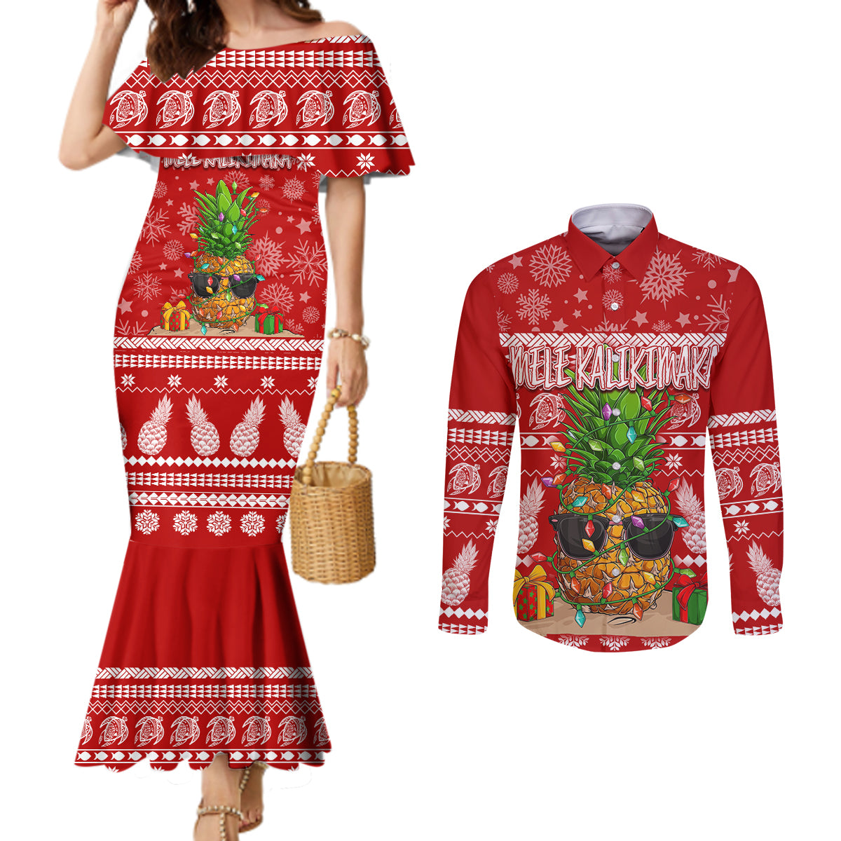 Hawaii Pineapple Christmas Couples Matching Mermaid Dress and Long Sleeve Button Shirt Mele Kalikimaka LT7 Red - Polynesian Pride