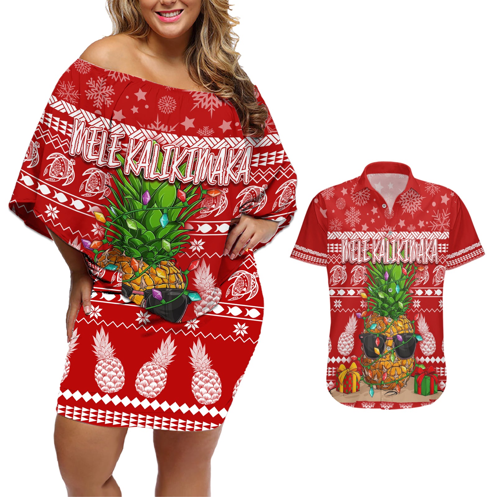 Hawaii Pineapple Christmas Couples Matching Off Shoulder Short Dress and Hawaiian Shirt Mele Kalikimaka LT7 Red - Polynesian Pride