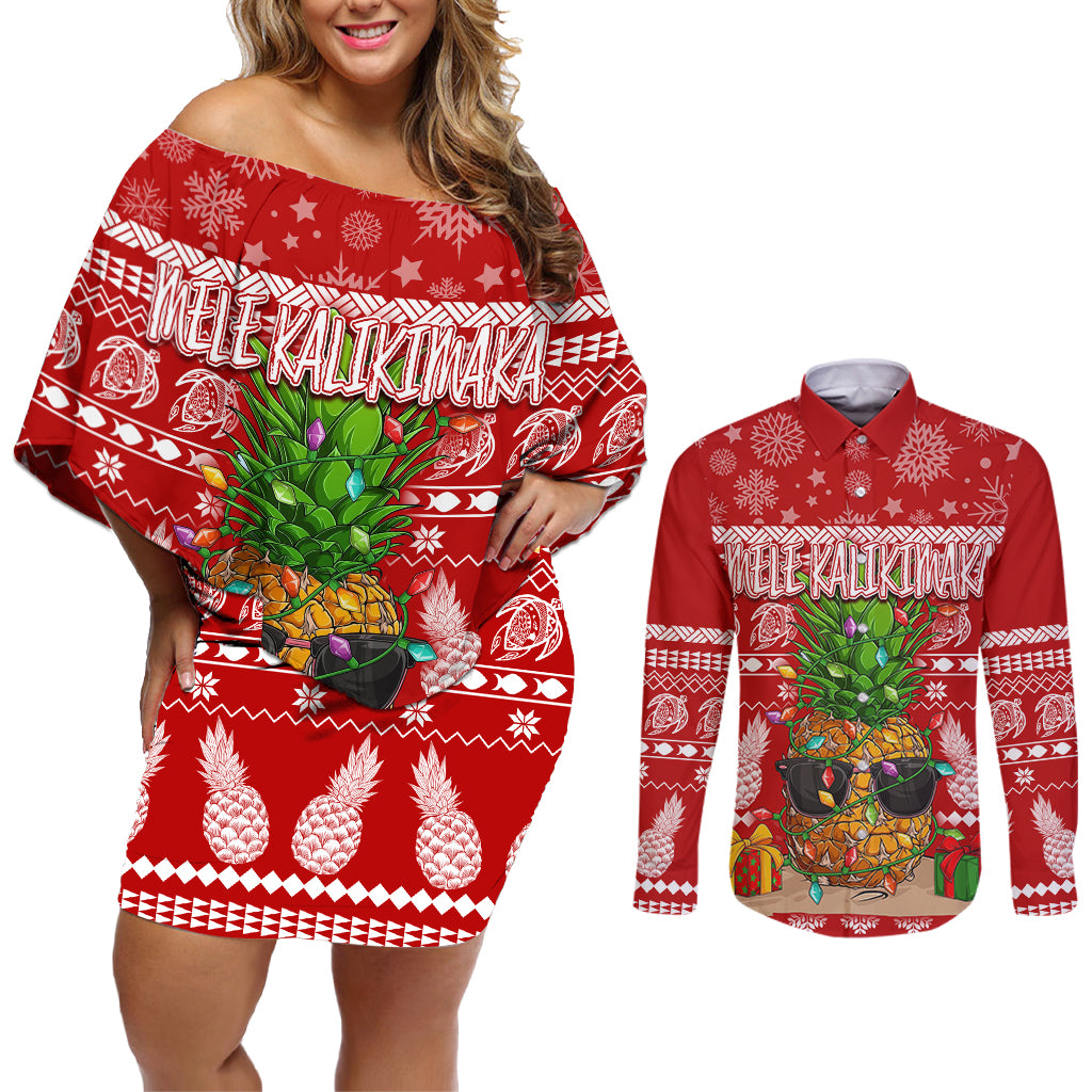 Hawaii Pineapple Christmas Couples Matching Off Shoulder Short Dress and Long Sleeve Button Shirt Mele Kalikimaka LT7 Red - Polynesian Pride