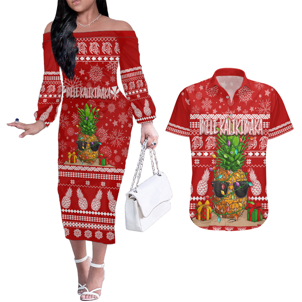 Hawaii Pineapple Christmas Couples Matching Off The Shoulder Long Sleeve Dress and Hawaiian Shirt Mele Kalikimaka LT7 Red - Polynesian Pride